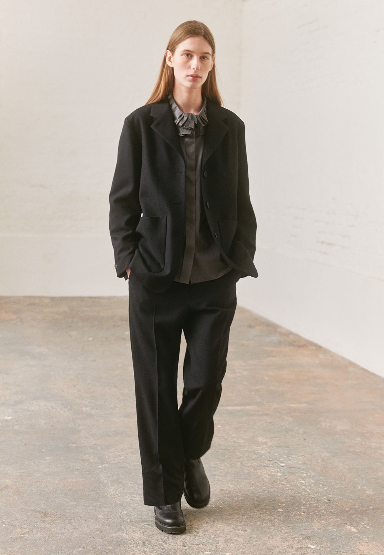 Black wool flannel Relaxed Three Button Jacket | Margaret Howell