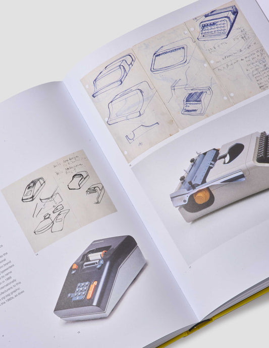 Close up shot of the inside of Kenneth Grange's book 'Designing the Modern World'. The book shows images of typewriters and printers.