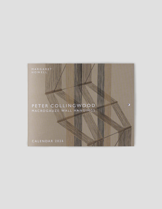 A flat lay view of the cover of the annual calendar with the Margaret Howell logo, the title Peter Collingwood, macrogauze wallhangings, calendar 2026 over a photograph of a three colour weaving.