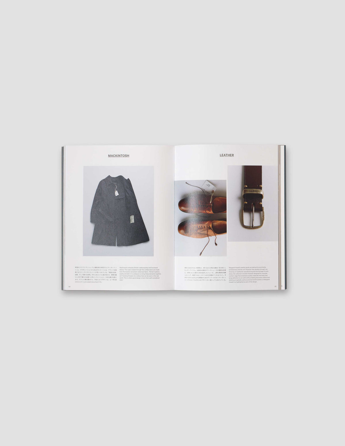 An image from the book featuring a photograph of a coat on a flat surface with text under it on the left and  a couple close ups photographs of leather shoes and belt on the right side with text under them. Flat lay image on a light grey background.