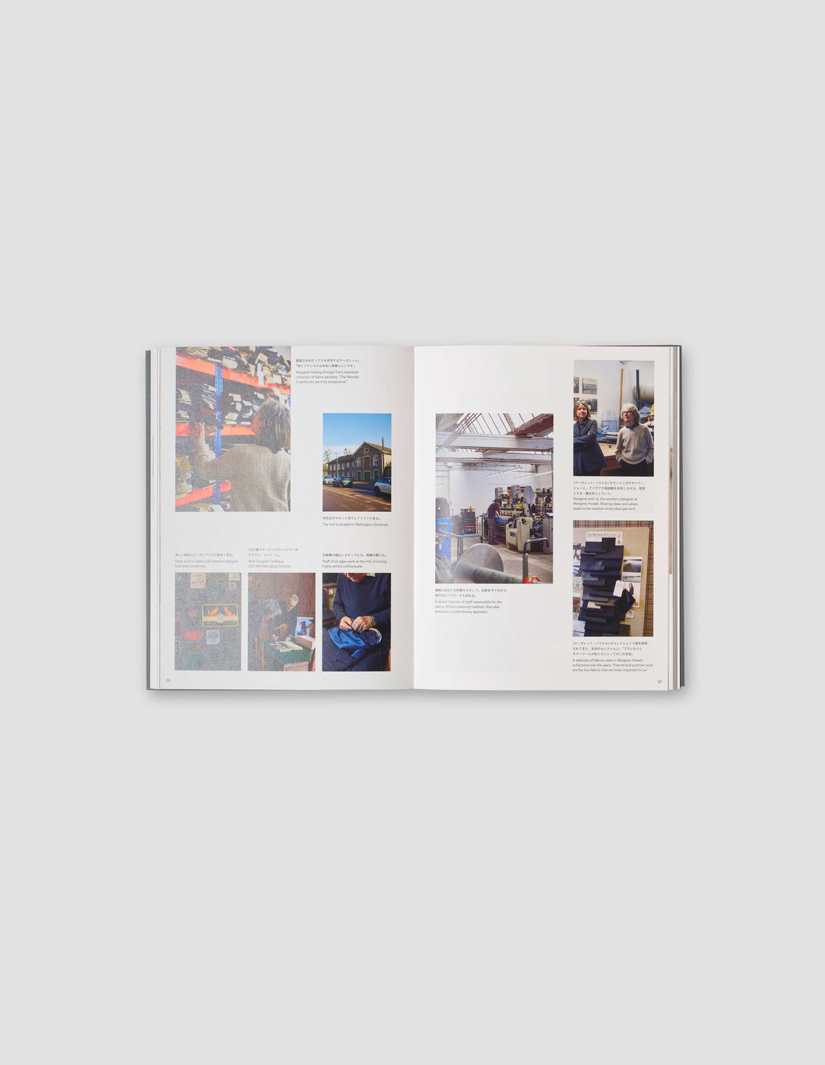 An image from the book featuring 5 photographs of the warehouse with text under/next to each of them on the left, 3 photographs with text below it on the right page. Flat lay image on a light grey background.