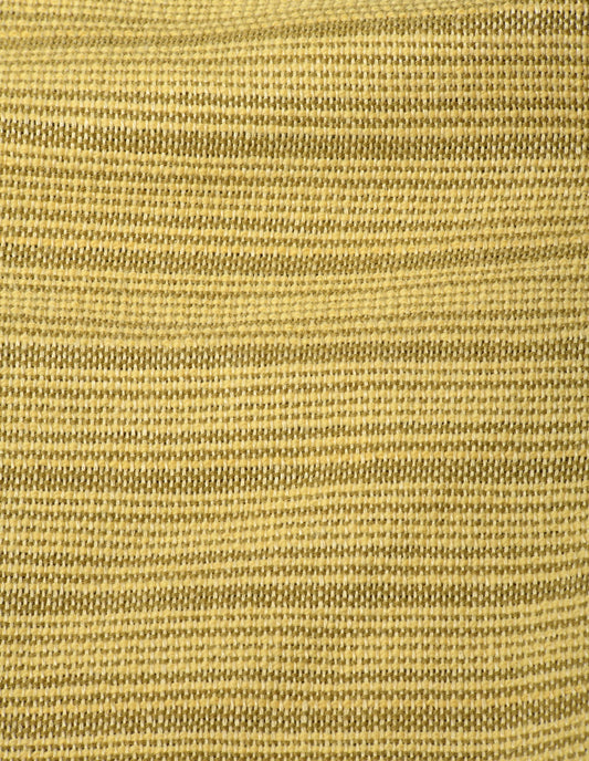 A close up view showing in detail the intricate striped pattern created by the blend of three contrasting yarns, vibrant yellow, linen and earthy green-brown.