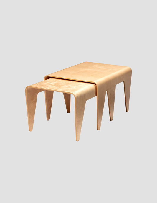 The medium and large nesting tables, partially nested to demonstrate the two tables and how they fit together, on a white background.