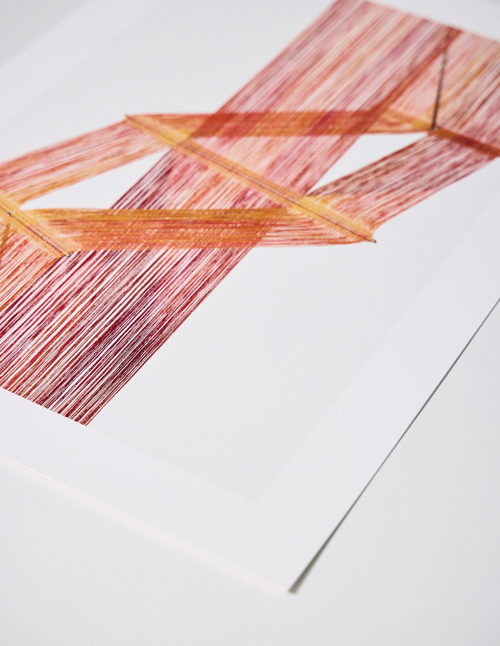 A pink, yellow and orange print of a print of a Peter Collingwood macrogauze woven wall hanging, close up flat lay.
