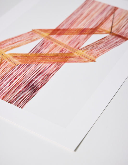 A pink, yellow and orange print of a print of a Peter Collingwood macrogauze woven wall hanging, close up flat lay.