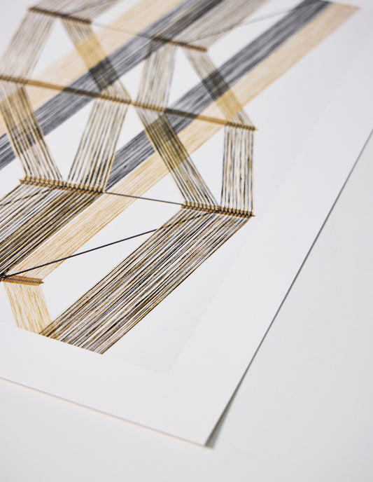 A beige, brown and white print of a Peter Collingwood macrogauze woven wall hanging on a pale background, close up flat lay.