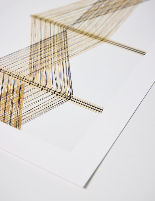 A beige, black and white print of a Peter Collingwood macrogauze woven wall hanging on a pale background, close up flat lay view.