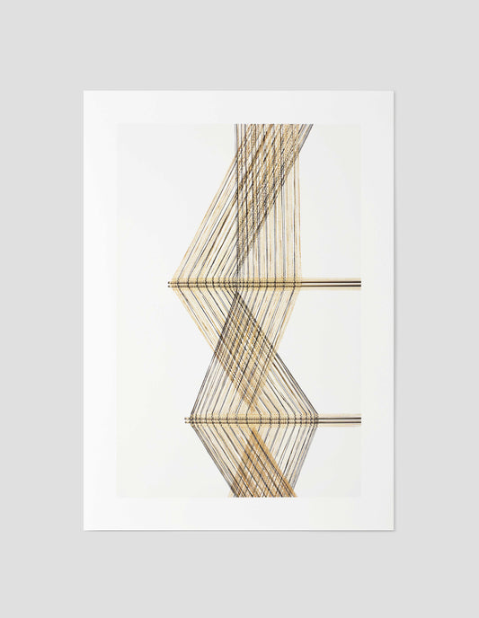 A beige, black and white print of a Peter Collingwood macrogauze woven wall hanging on a pale background, front flat lay. 