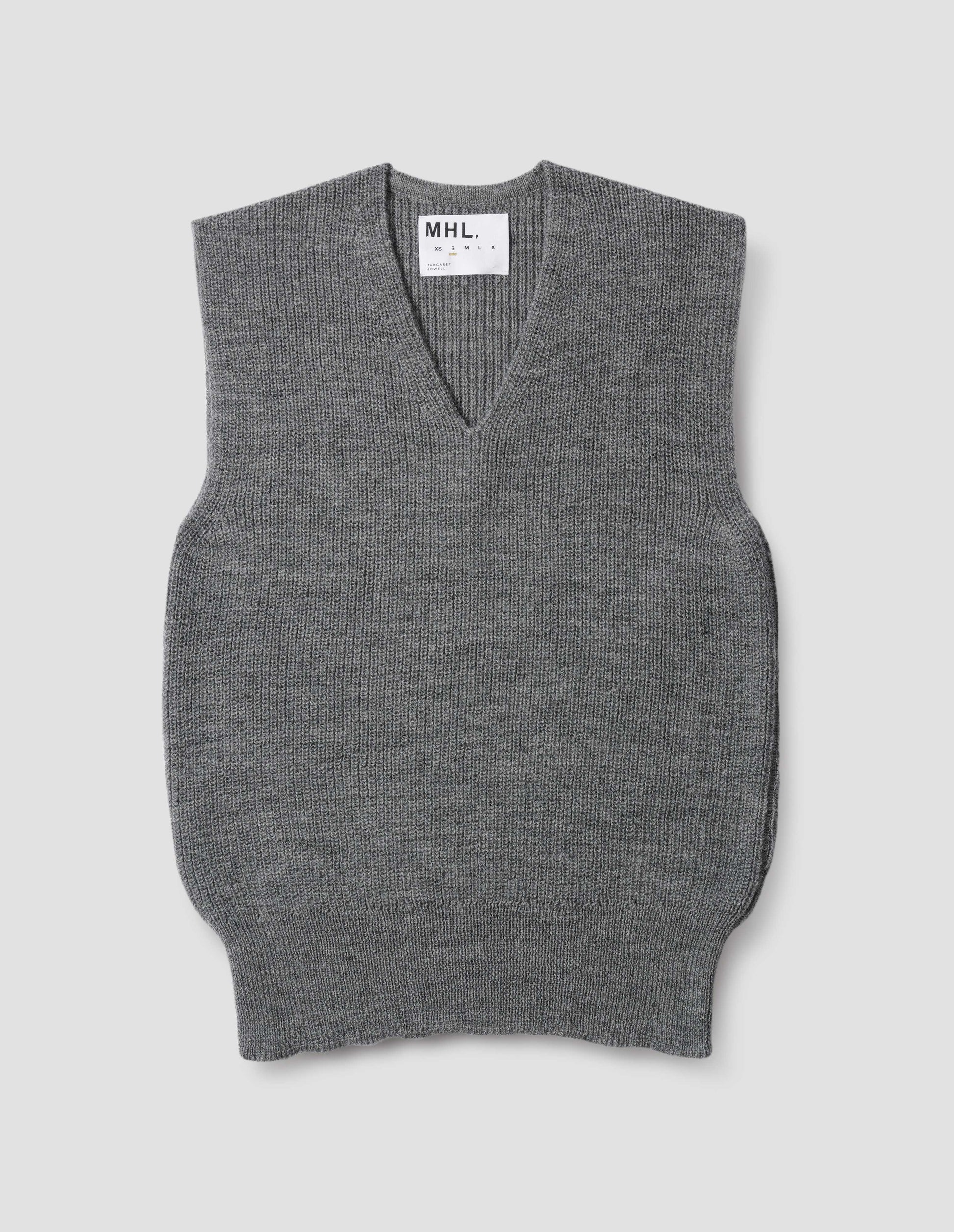 Grey sleeveless ribbed v neck slipover jumper, with contrast rib on hem. Front flat lay view.