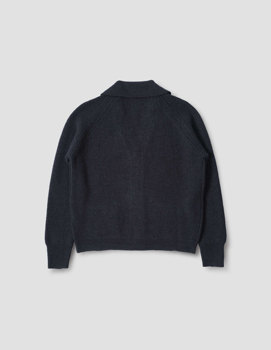 Dark navy blue collared cardigan, with contrast rib on collar, placket, cuff and hem. Back flat lay view.