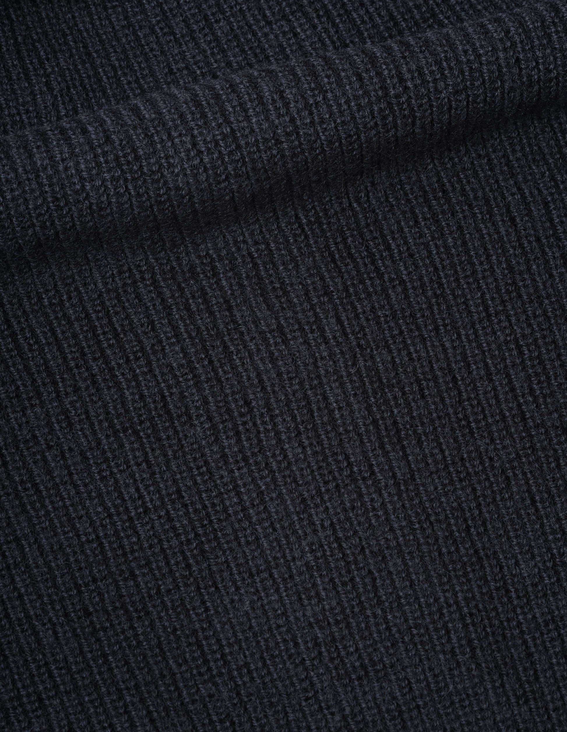 Dark navy collared cardigan virgin wool, fabric swatch.