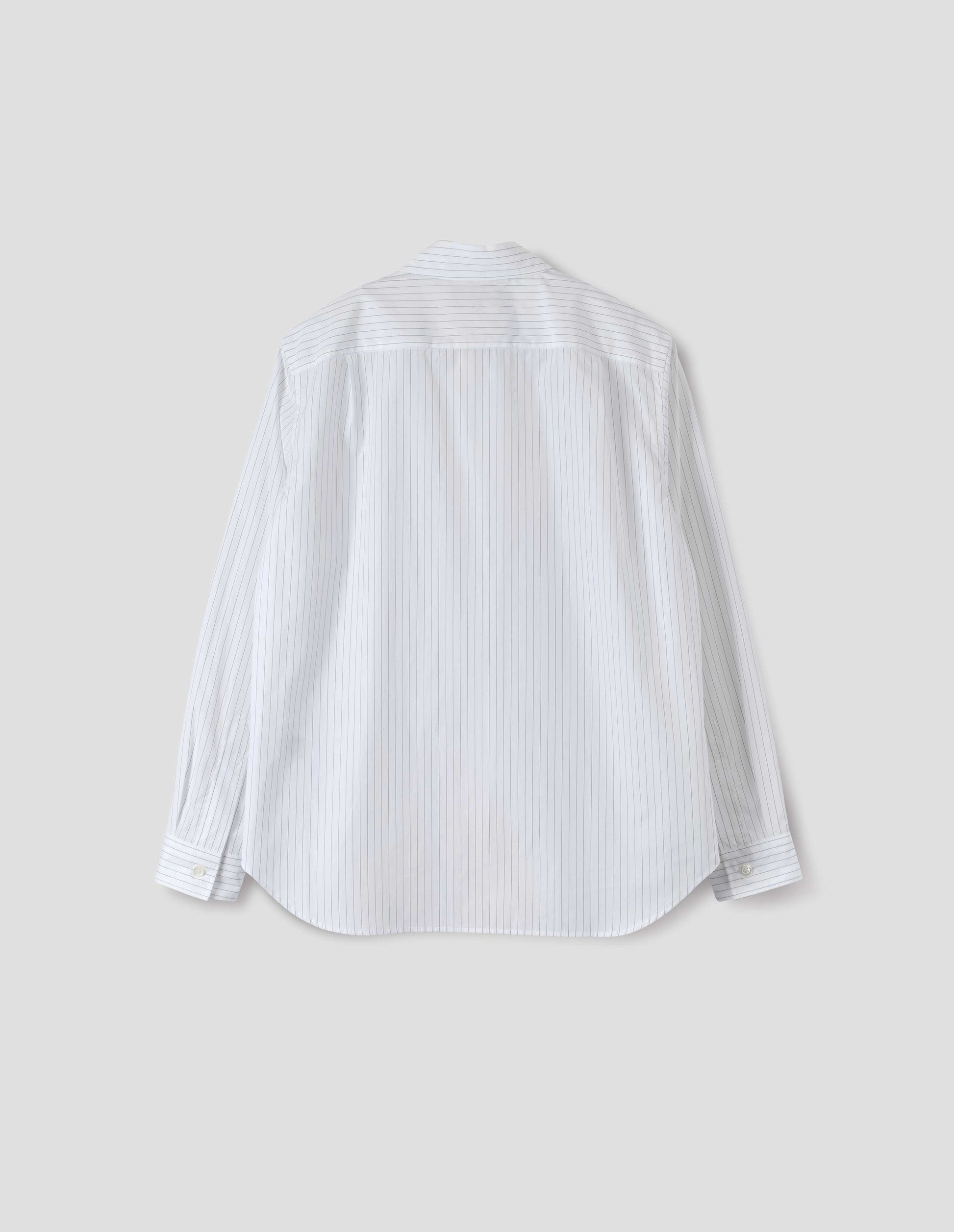 White shirt with grey stripes, curved hem, pleats on back yoke and mother of pearl buttons on cuffs. Back flat lay view.