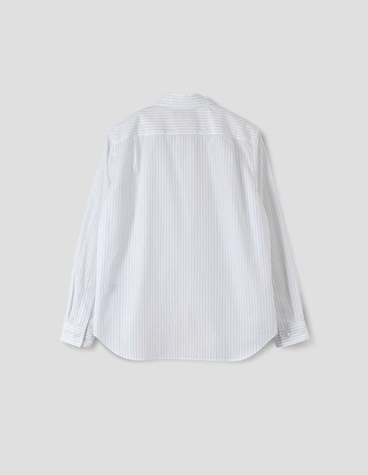 White shirt with grey stripes, curved hem, pleats on back yoke and mother of pearl buttons on cuffs. Back flat lay view.
