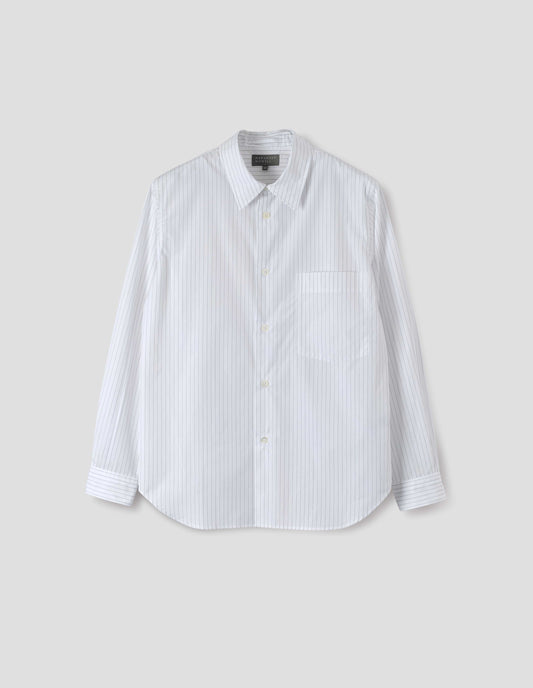 White shirt with grey stripes, chest pocket, mother of pearl buttons and curved hem. Front flat lay view.