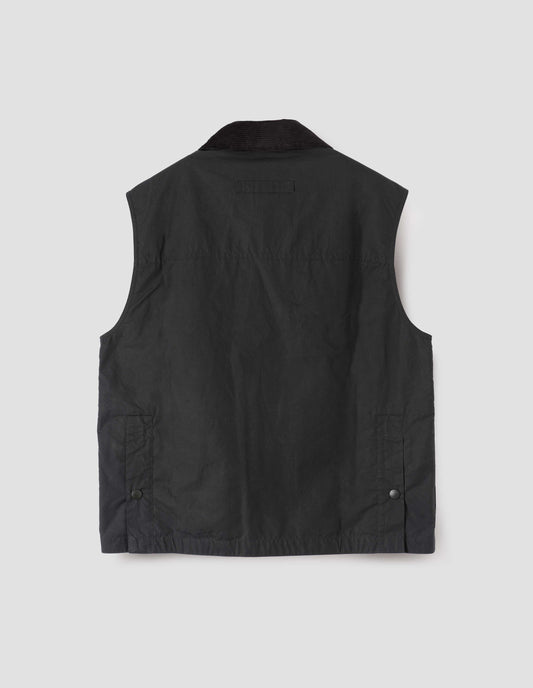 Black gilet with corduroy collar, hanger loop and press stud fastening vent split hem with gussets. Back flat lay view.