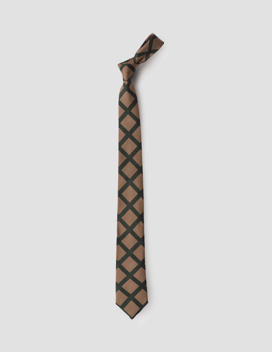 Beige tie with dark green check pattern. Front flat lay view.