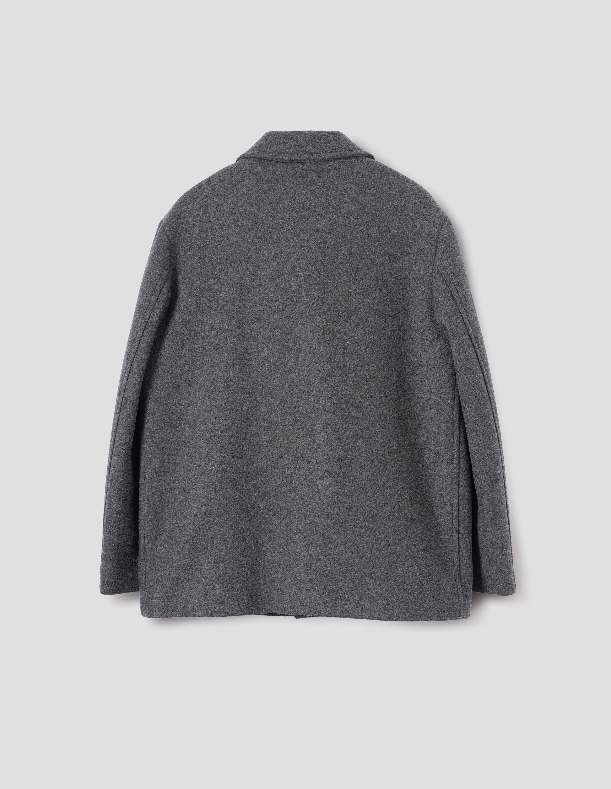 Charcoal grey wool coat with stitch through detailing. Back flat lay view. 