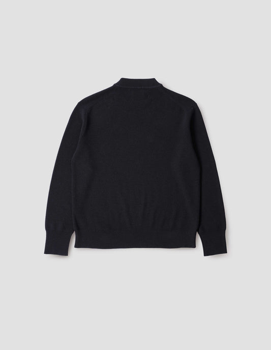 Dark blue contrast rib crew neck jumper, back flat lay view.