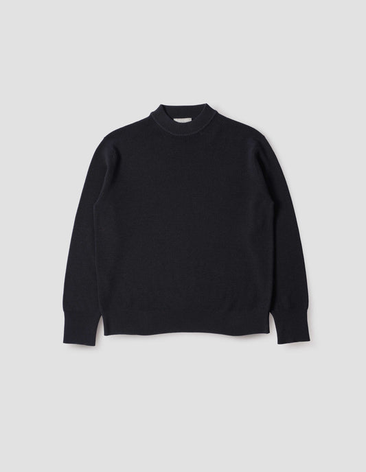 Dark blue contrast rib crew neck jumper, front flat lay view.