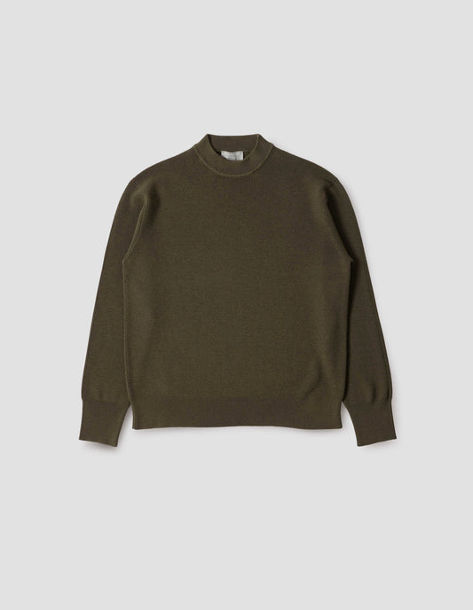Dark green contrast rib crew neck jumper, front flat lay view.