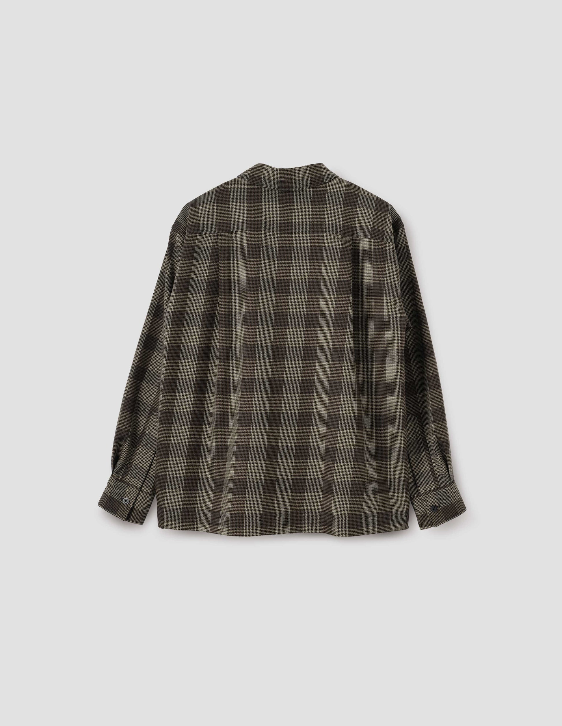 Black, brown and green checked wool shirt, with horn button cuffs and box pleat on back yoke. Back flat lay view.