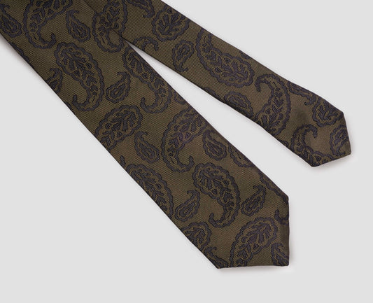 Dark beige and dark grey graphic paisley silk tie fabric swatch.