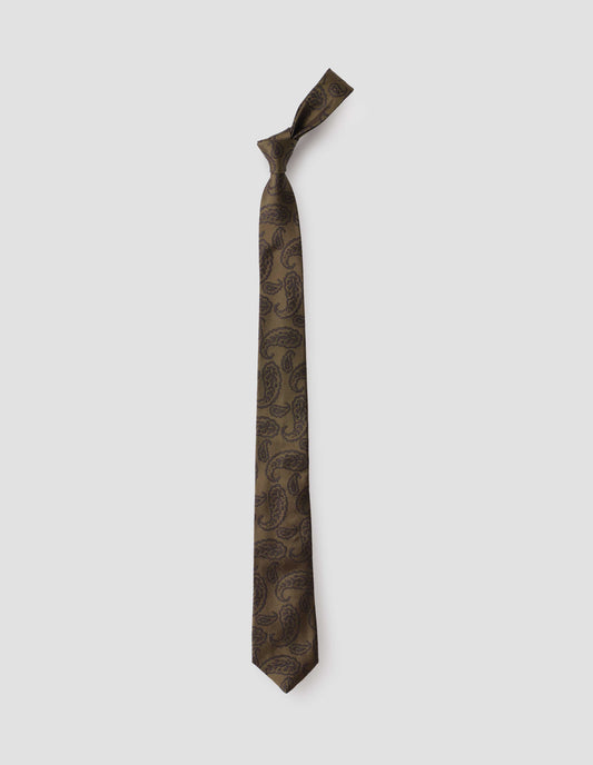 Dark beige tie with dark grey paisley print. Front flat lay view. 