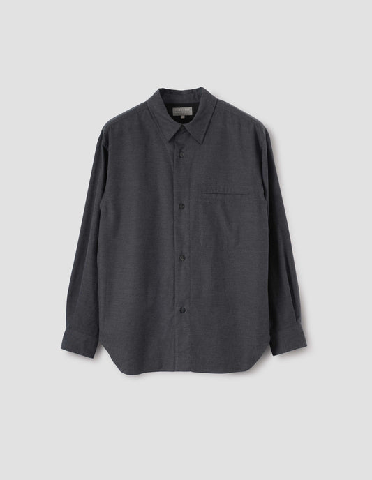 Dark grey shirt with horn buttons and welt chest pocket, front flat lay view.