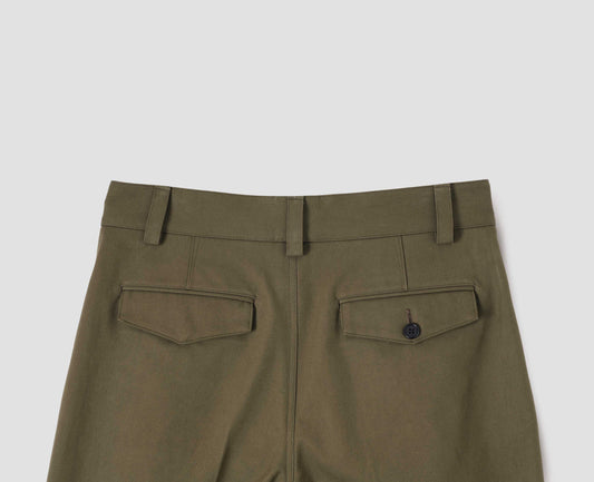 Brown green heavy cotton trousers, with belt loops and concealed and button-through jet back pockets, back flat lay view.