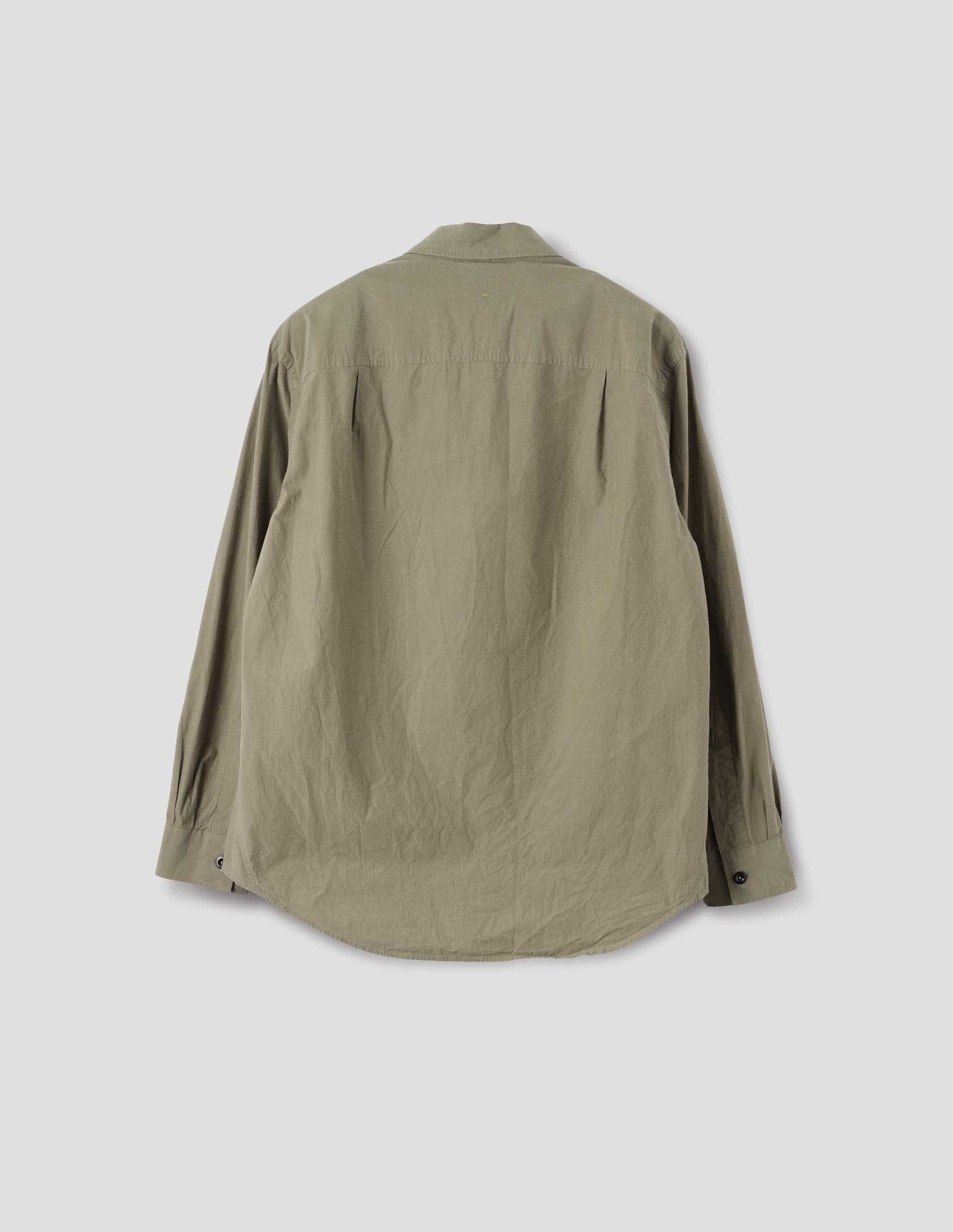 Green brushed cotton shirt with side gusset stitch detailing and pleated back yoke. Back flat lay view.