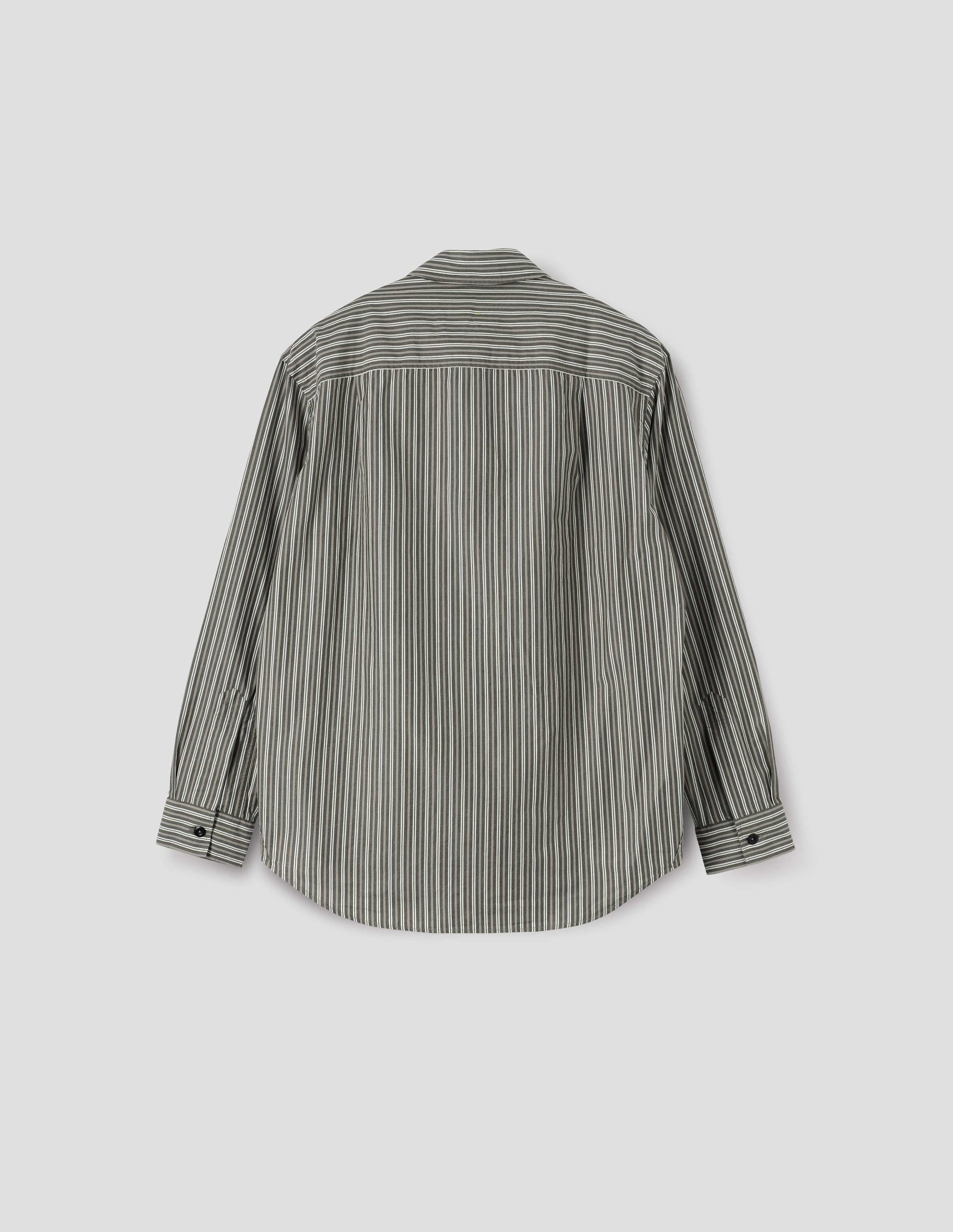 Green, grey and white striped cotton long sleeve shirt, with side gusset stitch detailing and pleated back yoke. Back flat lay view.