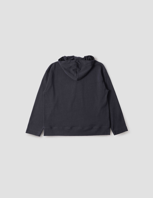 Blue black cotton hoodie, with drawcord hood, straight cuffs and stitch seam detailing, back flat lay view.
