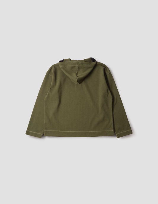 Green cotton hoodie, with drawcord hood, straight cuffs and stitch seam detailing, back flat lay view.