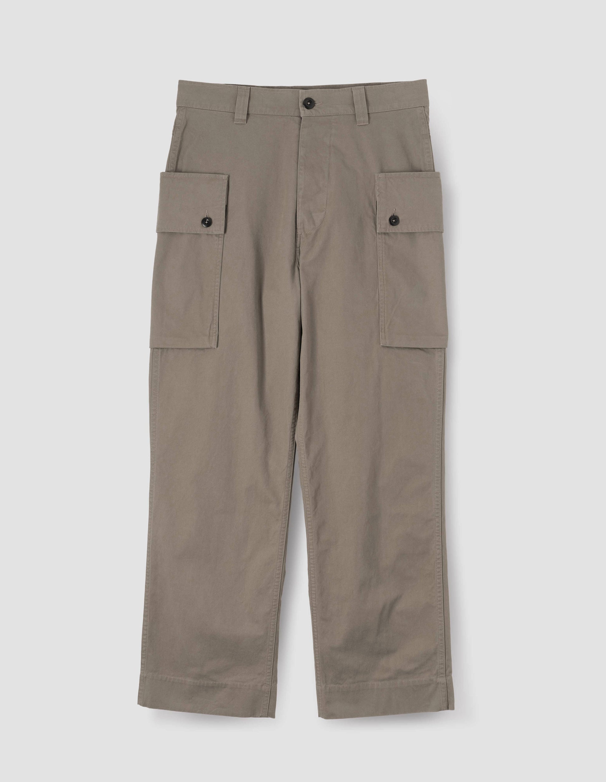 Beige cargo trousers with deep flap button fastening patch pocket, concealed hand pockets, belt loops and deep stitch hem. Front flat lay view.