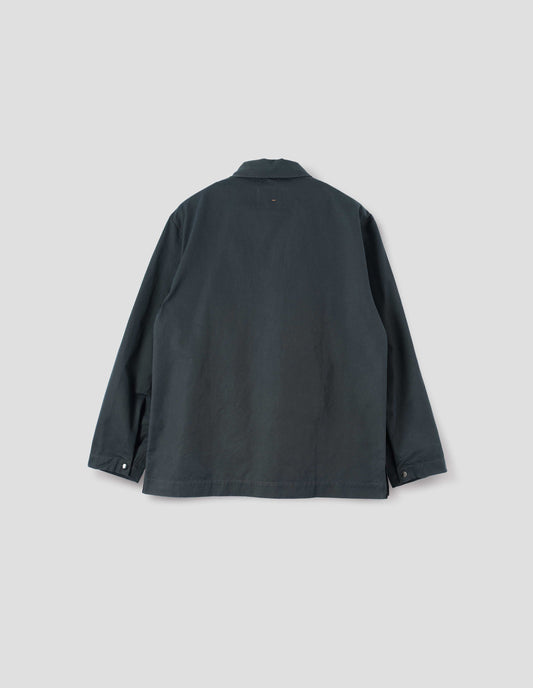 Teal blue overshirt with button adjustable press stud cuffs and vent split hem. Back flat lay view. 