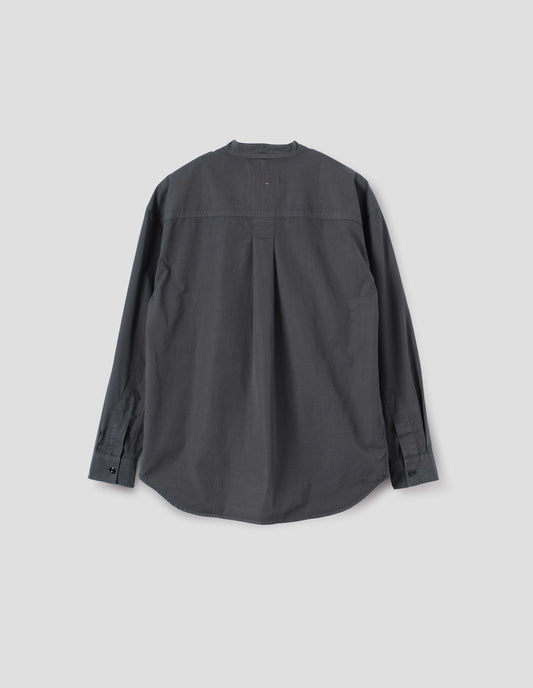 Dark grey cotton collarless shirt, with curved side gusset, box pleat on back yoke and corozo brace button cuffs. Back flat lay view.