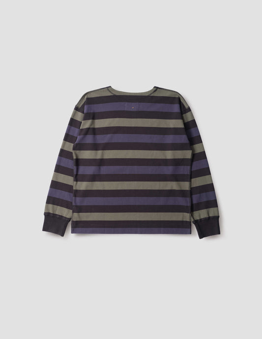 Off black, blue and green striped long sleeve t-shirt, with single rib cuff and flatlock stitch seams. Back flat lay view.