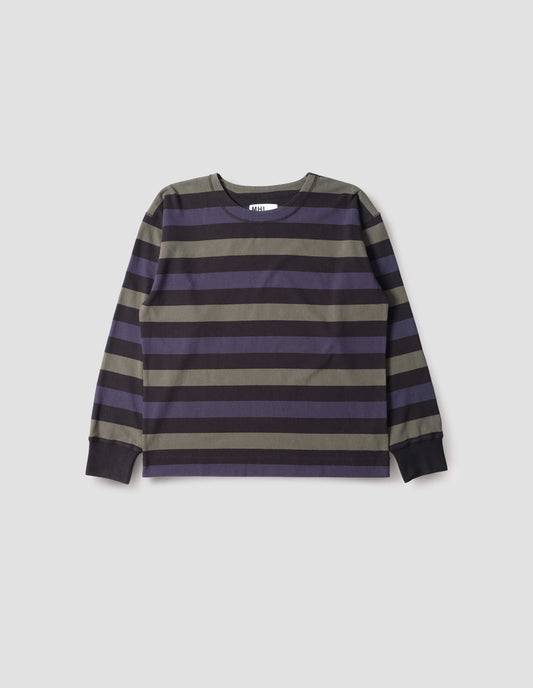 Off black, blue and green striped long sleeve t-shirt, with single rib cuff, flatlock stitch seams and self faced neck. Front flat lay view.