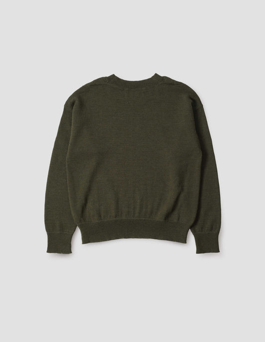 Green wool jumper, with contrasting rib on neck, cuffs and hem, flatlock stitching detailing on seams and t shape shoulder seams. Back flat lay view.