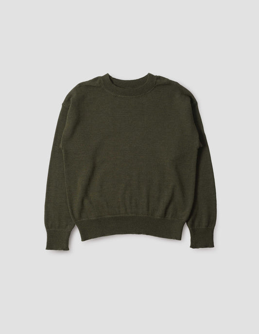 Green wool jumper, with contrasting rib on neck, cuffs and hem and flatlock stitching detailing on seams. Front flat lay view.