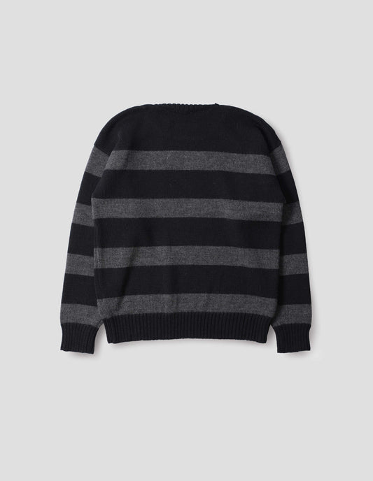 Black and grey striped wool jumper, with ribbed neck, cuffs and hem. Back flat lay view. 