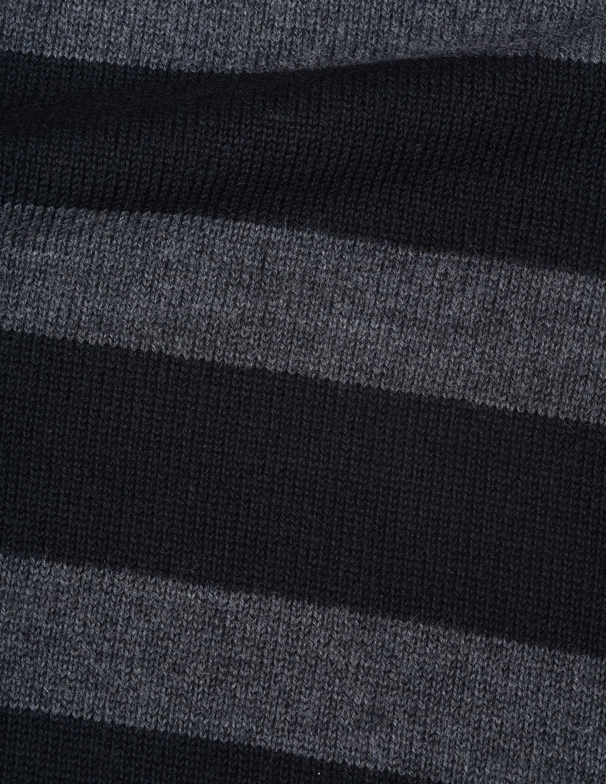 Black and grey striped virgin wool jumper, fabric swatch. 