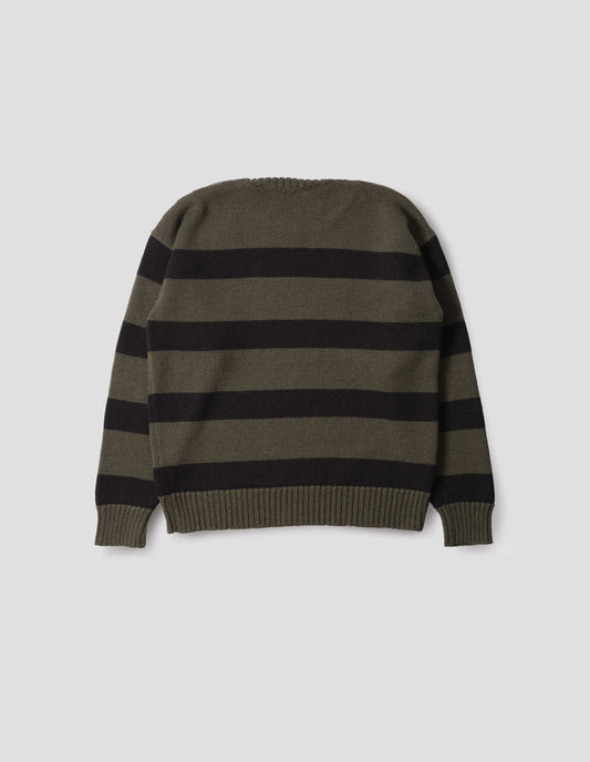 Green and black striped wool jumper, with ribbed neck, cuffs and hem. Back flat lay view. 