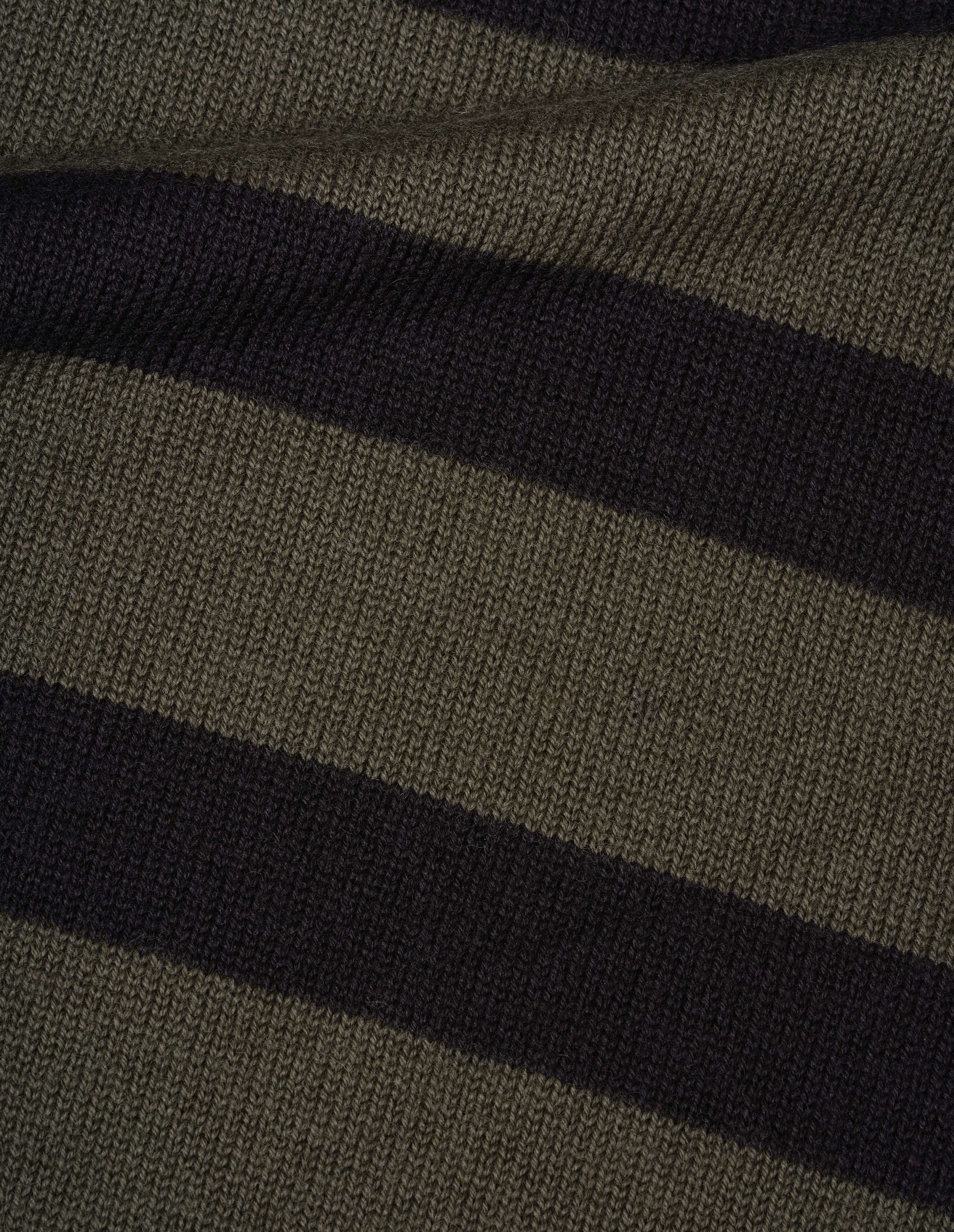 Green and black striped virgin wool jumper, fabric swatch. 