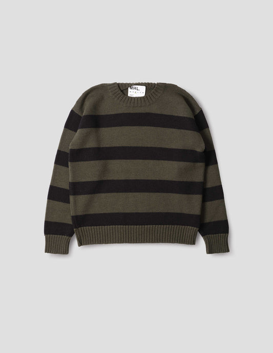 Green and black striped wool jumper, with ribbed neck, cuffs and hem. Front flat lay view. 