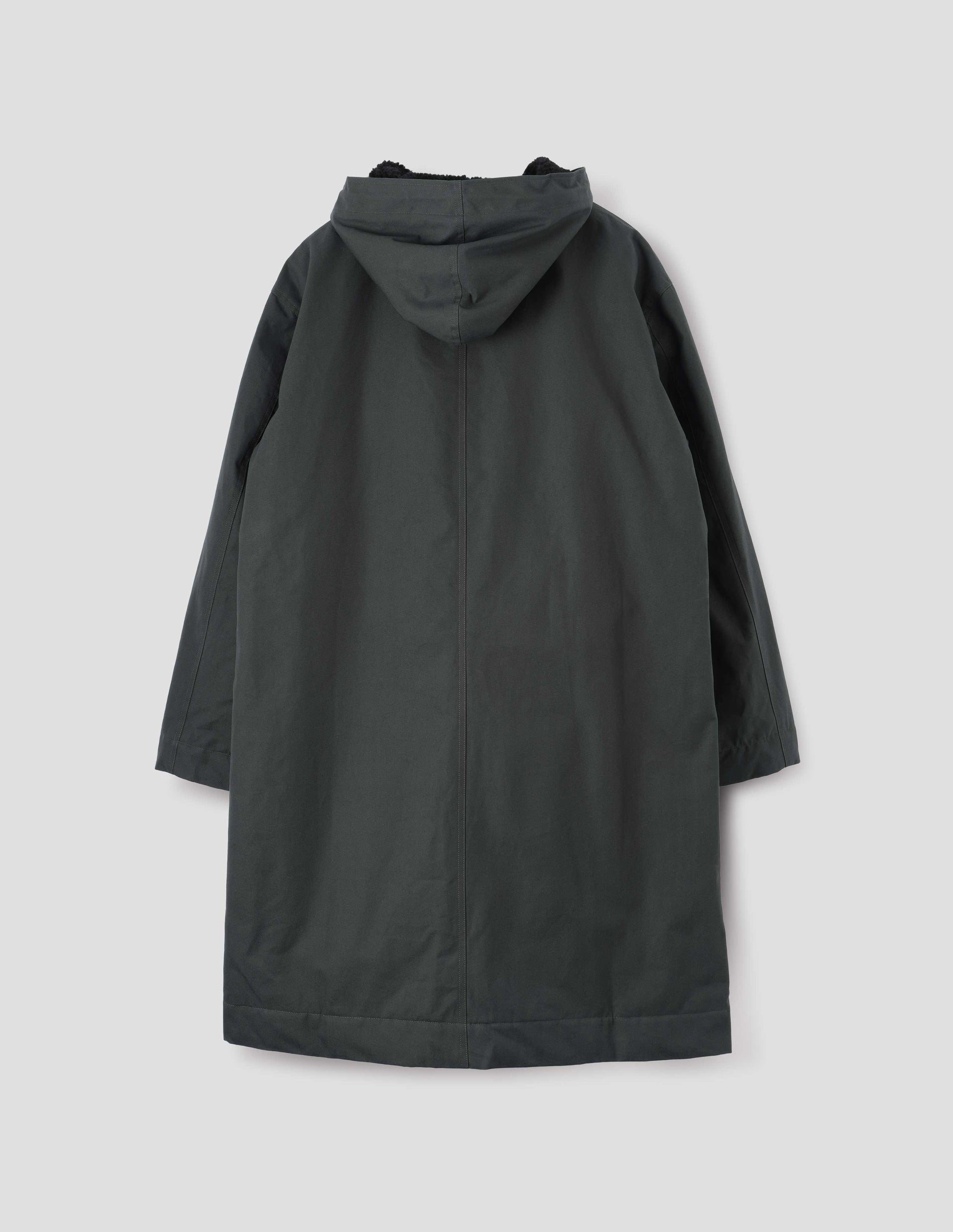 Blueish green hooded parka with fleece lined drawcord hood. Back flat lay open view.