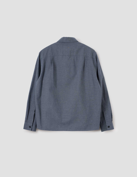 Blue long sleeve shirt, with stitch side gusset, back flat lay view.