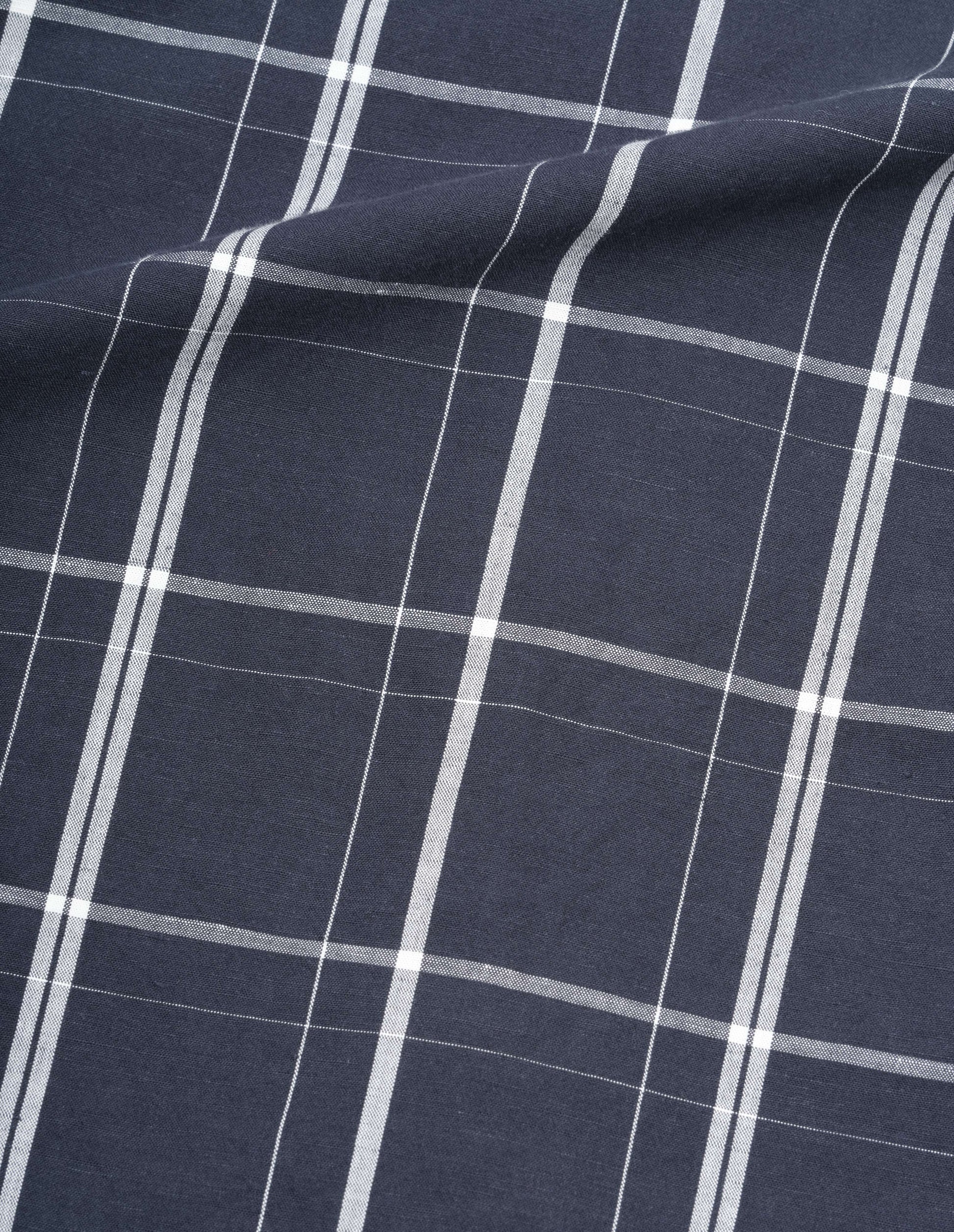 Blue and white graphic check cotton linen shirt, fabric swatch.