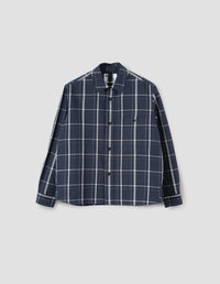 MHL. OVERALL SHIRT | GRAPHIC CHECK COTTON LINEN | SLATE BLUE / OFF WHITE