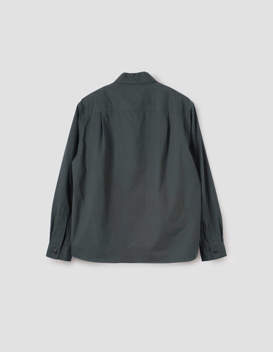 Blue green long sleeve shirt, with corozo brace button cuffs, back flat lay view.